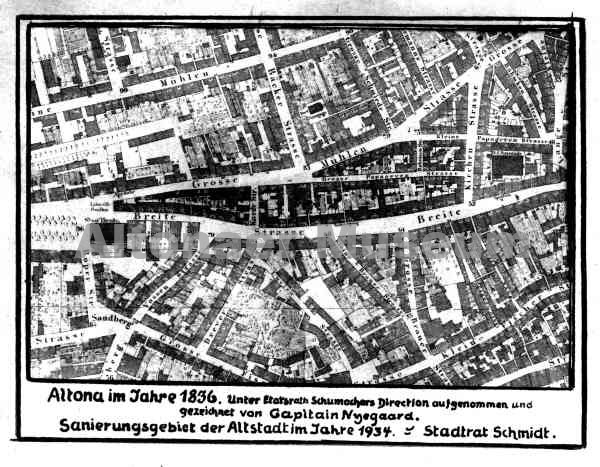 Ausschnitt aus dem Stadtplan Altona aus dem Jahr 1836 unter Schumachers Direktion, gezeichnet von Nyegaard