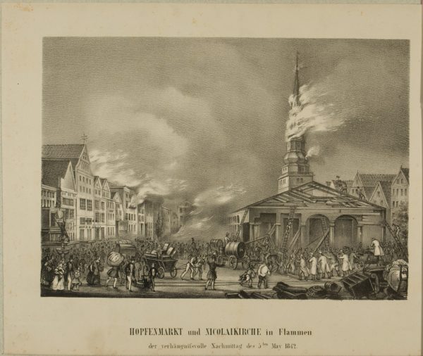 "Hopfenmarkt und Nikolaikirche in Flammen"