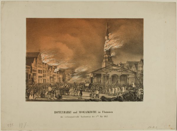 "Hopfenmarkt und Nikolaikirche in Flammen"