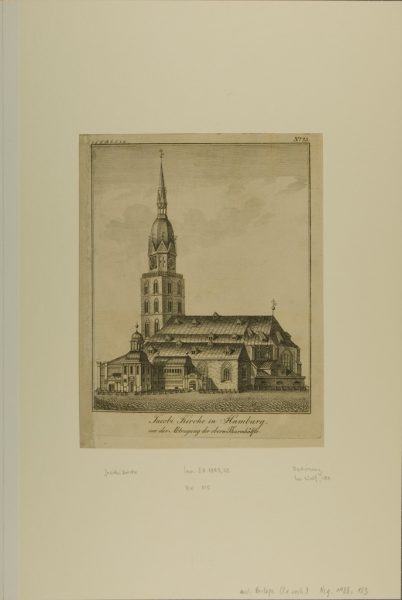 "Jakobi Kirche in Hamburg vor der Abtragung der oberen Turmhälfte" um 1800