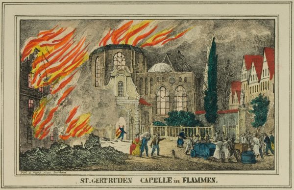 "St. Gertruden Capelle in Flammen."