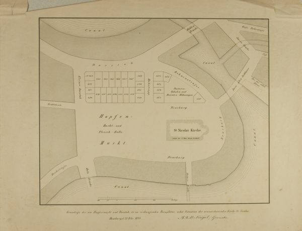 "Grundriss der am Hopfenmarkt und Burstah, etc. zu verkaufenden Bauplätze, nebst Situation der neuzuerbauenden Kirche St. NiKolai."