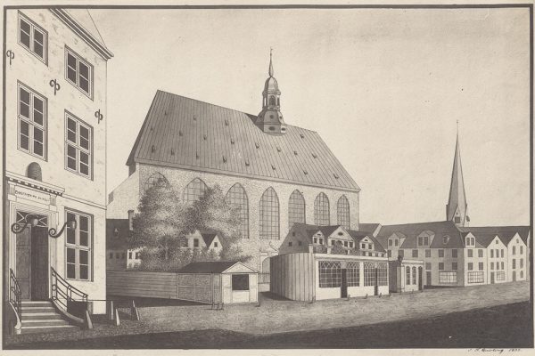 Die St. Johanniskirche in Hamburg, abfotografiertes Aquarell von J.F. Quirling von 1832