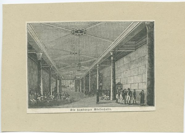Aus einer Zeitung ausgeschnittene Grafik "Die Hamburger Börsenhalle", Innenansicht