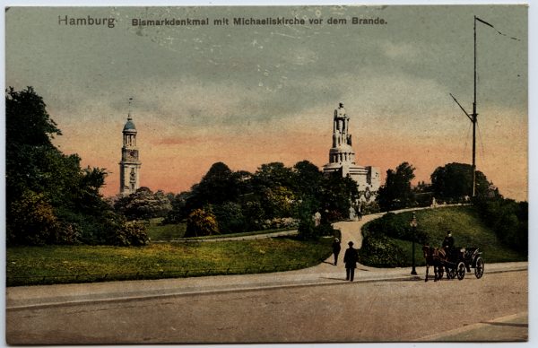 "Hamburg. Bismarckdenkmal mit Michaeliskirche vor dem Brande"