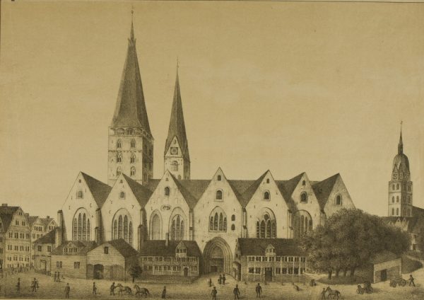 Die Domkirche in Hamburg im Jahr 1800 nebst den Türmen von St. Petri und St. Jacobi
