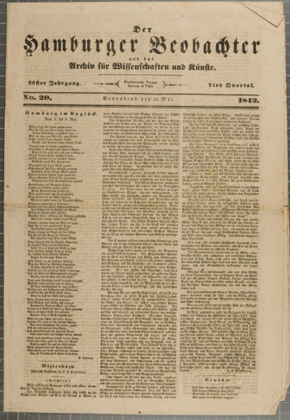 "Der Hamburger Beobachter und das Archiv für Wissenschaften und Künste." Zeitung Nr. 20 mit Informationen zum Hamburger Brand