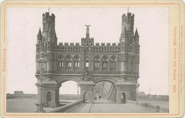 eventuell Sammelkarte, "Portal der neuen Elbbrücke, Hamburg", Brücke über die Norderelbe mit Portal (bis 1960)