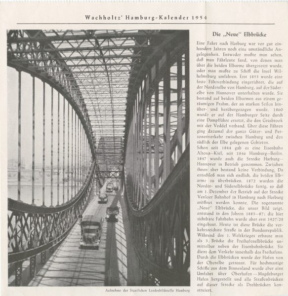Teil eines Kalenderblattes mit einer Abbildung der Brücke über die Norderelbe mit Portal (bis 1960), Hamburg- Veddel