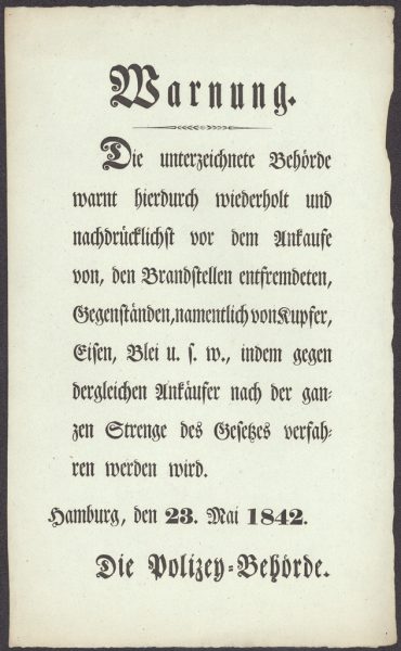 "Warnung" der Polizeibehörde vor Ankäufen von Gegenständen aus dem Brandgebiet vom Hamburger Brand