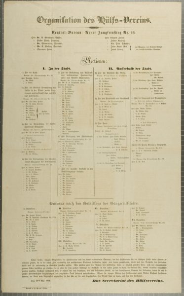 "Organisation des Hilfsvereins" mit Auflistung der Sektionen in der Stadt und im Umland