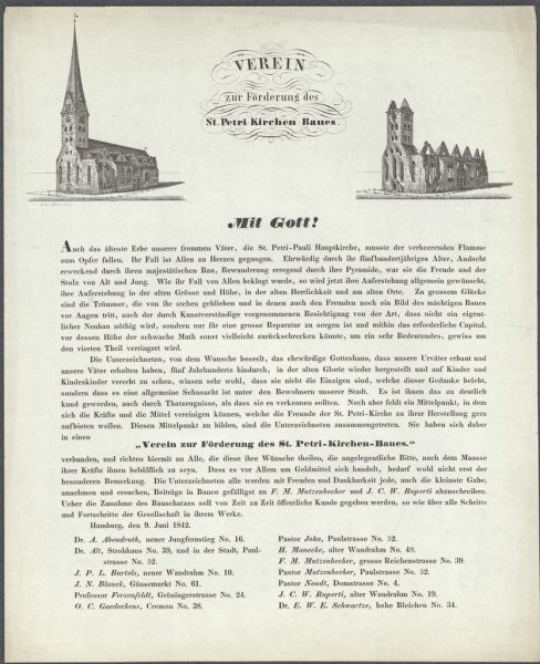 "Verein zur Förderung des St. Petri Kirchen Baues" Gründungsmitteilung