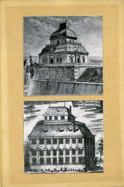 Zwei Druckgrafiken: ein Dresdner Lusthaus, entworfen von Giovanni Maria Nosseni, und das Baumhaus um 1690