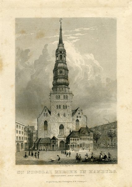 "St. Nikolaikirche in Hamburg, abgebrannt am 5. Mai 1842"
