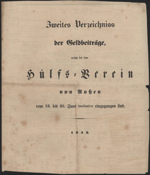 "Zweites Verzeichnis der Geldbeiträge, welche bei dem Hilfsverein von Außen vom 13. bis 25. Juni inclusive eingegangen sind"