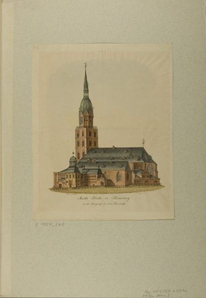 "Die St. Jakobikirche  in Hamburg vor Abtragung der oberen Turmhälfte" um 1800