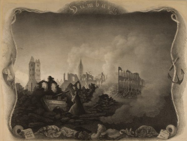 Allegorisches Erinnerungsblatt mit Brandruinen Hamburgs