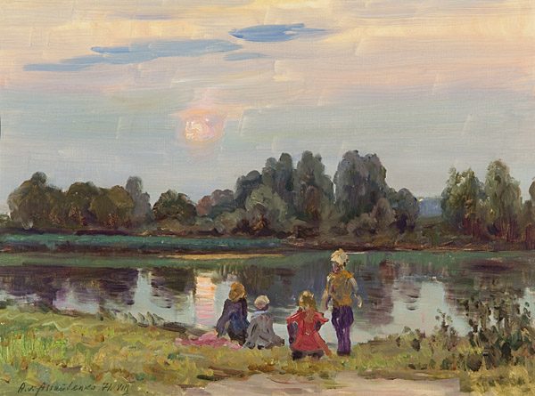 Abendstimmung mit Kindern am See