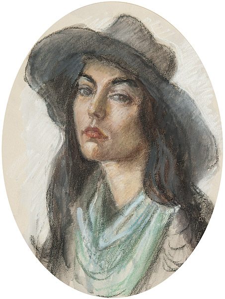 Junge Frau mit großem Hut - oval