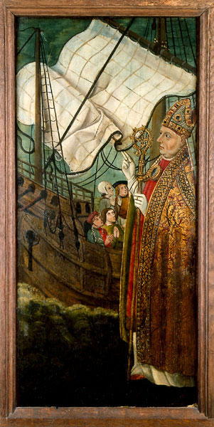 Hl. Nikolaus rettet ein in Seenot befindliches Schiff - untere Teil des linken Innenflügels eines Retabels aus der Katharinekirche