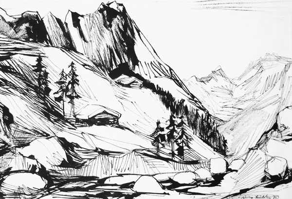 Gebirgslandschaft mit Hütte